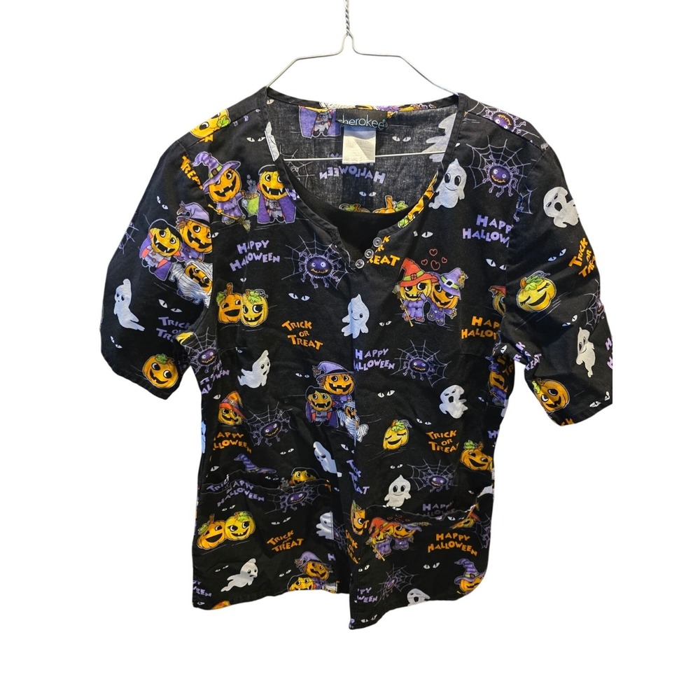 Cherokee Medical Scrub Top XS Womens Black Halloween Pumpkin Print Top